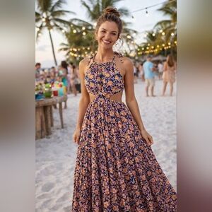 J.Crew Floral Tiered Maxi Dress Halter Tie Navy Size S Boho